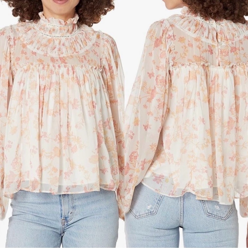 NWT French Connection Diana Floral Crinkle Long Sleeved Blouse in Coral